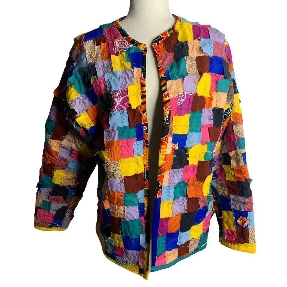 Vintage Quilted Granny Patchwork Jacket M Multicolored Fleece Open Front